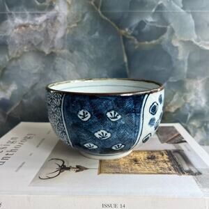 Asian Rice Bowl Small 5.2 x 3" Blue and White Abstract Design Signed